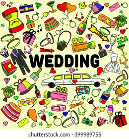 Wedding line art design vector illustration. Separate objects. Hand drawn doodle design elements.
