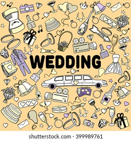 Wedding line art design vector illustration. Separate objects. Hand drawn doodle design elements.