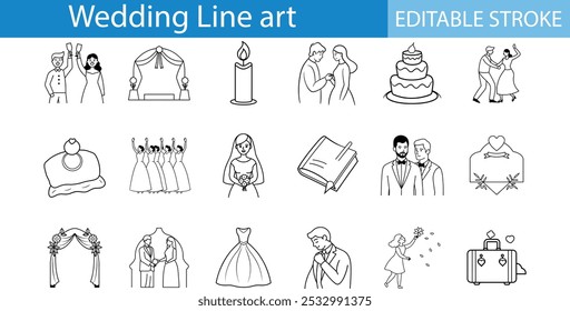 Wedding Line Art Icons Set Editable Stroke