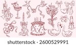Wedding line art illustrations in doodle ink style. Dinner icons. Elegant just married party hand drawn elements. Casual vintage drawings for invitations, cards, greetings.  Save the date