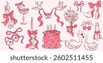 Wedding line art illustrations in doodle ink style. Elegant just married party hand drawn elements. Dinner icons. Casual vintage drawings for invitations, cards, greetings.  Save the date