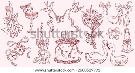 Wedding line art illustrations in doodle ink style. Dinner icons. Elegant just married party hand drawn elements. Casual vintage drawings for invitations, cards, greetings.  Save the date