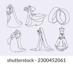Wedding line art illustrations set. Single one line drawing happy cute married man and woman. Bridal an groom. Modern graphic design concepts, simple outline elements collection. Vector line icons