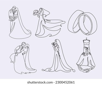 Conjunto de ilustraciones de arte de la línea de bodas. Dibujo de una sola línea alegre hombre y mujer casados lindos. Una novia y un novio. Conceptos de diseño gráfico modernos, colección de elementos de esquema simple. Iconos de línea de vector