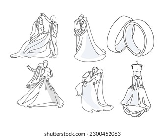 Wedding line art illustrations set. Single one line drawing happy cute married man and woman. Bridal an groom. Modern graphic design concepts, simple outline elements collection. Vector line icons