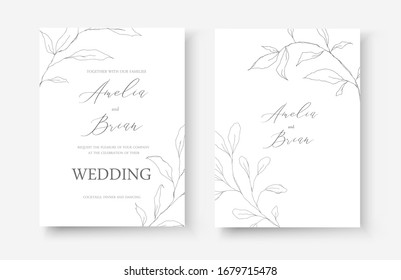 Wedding line art silhouette leaves floral minimalist invitation card save the date design. Botanical elegant delicate decorative vector template in outline style