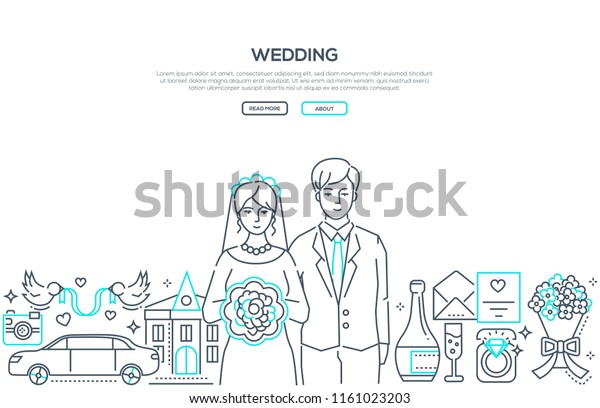 Wedding - line design style banner on white\
background with place for text. High quality composition with a\
happy young couple getting married, celebration symbols, rings,\
flowers, car. Family\
concept