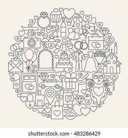 Wedding Line Icons Circle. Vector Illustration of Save the Date Love Outline Objects.