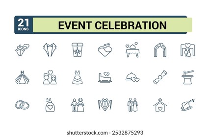 Wedding line icons collection. Event and celebration icon set. Couple, bride, marriage icon pack. Thin outline icons pack. Vector outline icons set.