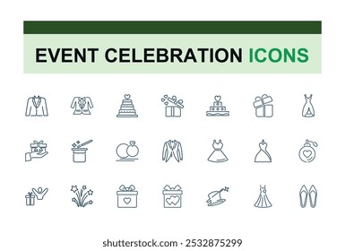 Wedding line icons collection. Event and celebration icon set. Couple, bride, marriage icon pack. Thin outline icons pack. Vector outline icons set.