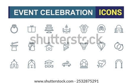 Wedding line icons collection. Event and celebration icon set. Couple, bride, marriage icon pack. Thin outline icons pack. Vector outline icons set.
