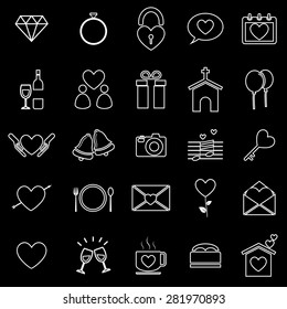 Wedding line icons on black background, stock vector
