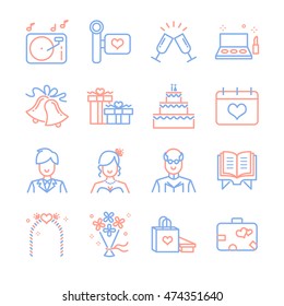 Wedding line icons set 2. Included the icons as ring, love song, cake, honeymoon, bride, groom and more.