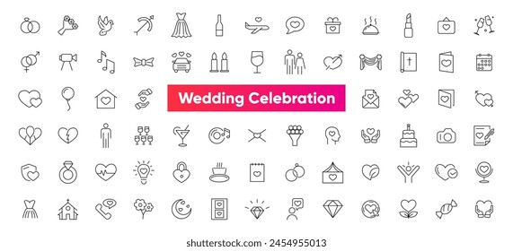 Wedding line icons set collection. Love beauty celebration wedding couple bride marriage flat icon pack. UI flat icons collection. Thin outline icons pack