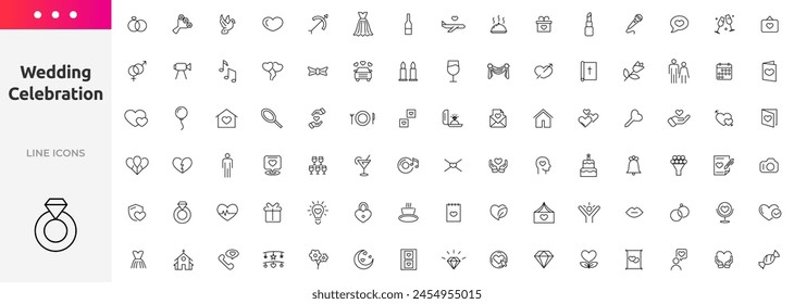 Wedding line icons set collection. Love beauty celebration wedding couple bride marriage flat icon pack. UI flat icons collection. Thin outline icons pack