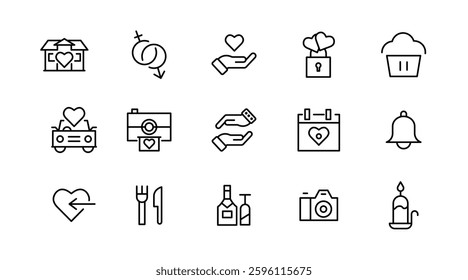 Wedding line icons set collection. Love beauty celebration wedding couple bride marriage flat icon pack. UI flat icons collection. Thin outline icons pack