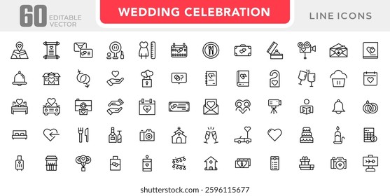 Wedding line icons set collection. Love beauty celebration wedding couple bride marriage flat icon pack. UI flat icons collection. Thin outline icons pack