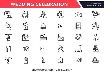 Wedding line icons set collection. Love beauty celebration wedding couple bride marriage flat icon pack. UI flat icons collection. Thin outline icons pack