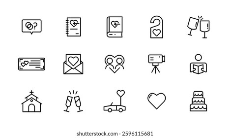 Wedding line icons set collection. Love beauty celebration wedding couple bride marriage flat icon pack. UI flat icons collection. Thin outline icons pack