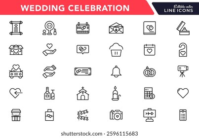 Wedding line icons set collection. Love beauty celebration wedding couple bride marriage flat icon pack. UI flat icons collection. Thin outline icons pack