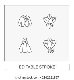Wedding line icons set. Dress, suit, flowers. Wedding ceremony and celebration for couple and guests. Party concepts. Isolated vector illustrations. Editable stroke