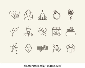 Wedding line icons. Set of line icons. Honeymoon tickets, wedding present, love melody. Wedding concept. Vector illustration can be used for topics like marriage, family, love