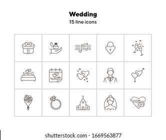 Wedding line icons. Set of line icons. Honeymoon tickets, wedding present, love melody. Wedding concept. Vector illustration can be used for topics like marriage, family, love