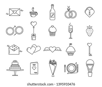 Wedding line icons set. Love and st valentine elements (hearts, cake, rings, letters, balloon, present, bouquet, flowers). 