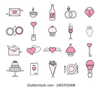 Wedding line icons set. Love and st valentine elements (hearts, cake, rings, letters, balloon, present, bouquet, flowers). 