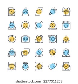 Wedding line icons. Set of marriage icons. Black, blue and yellow colors. Modern outline graphic design. Vector line icons set