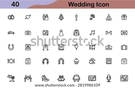 Wedding line icons set. Marriage and bridal outline symbols including rings, cake, dress, church, bouquet, camera, champagne and doves. Perfect for event planners. Editable stroke vector.