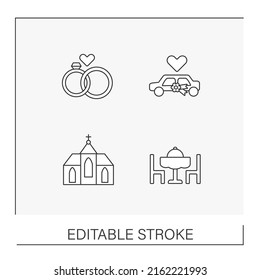 Wedding line icons set. Rings, car, church and dinner. Wedding ceremony and celebration for couple and guests. Party concepts. Isolated vector illustrations. Editable stroke