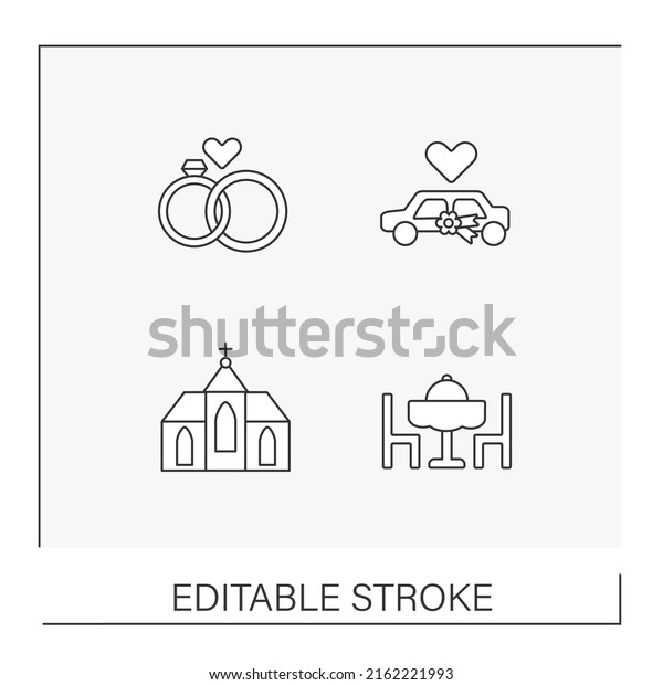 Wedding line icons set.
Rings, car, church and dinner. Wedding ceremony and celebration for
couple and guests. Party concepts. Isolated vector illustrations.
Editable stroke