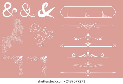 Wedding line set rose flower decoration card white vintage corner Paper dividers, vintage frame, on a pink background