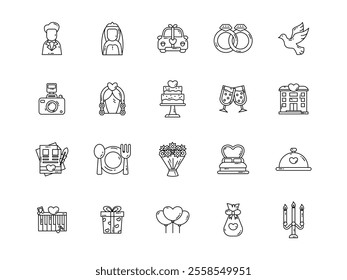 Wedding line vector icon collection with elegant designs, including rings, cakes, bouquets, and more. Perfect for wedding invitations, planners, and creative projects.