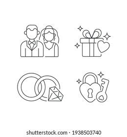 Wedding linear icons set. Man and woman engagement ceremony. Thin line customizable illustration. Contour symbol. Vector isolated outline drawing. Editable stroke