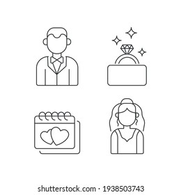 Wedding linear icons set. Man and woman engagement ceremony. Thin line customizable illustration. Contour symbol. Vector isolated outline drawing. Editable stroke