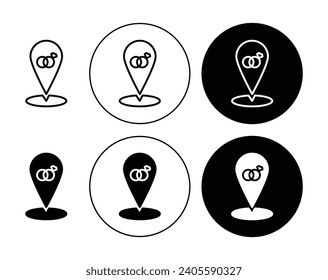 Símbolo de estilo de línea delgada del icono Ubicación de bodas. sitio de matrimonio romántico localizador gps contorno vectorial logo