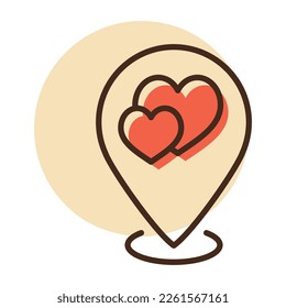 Icono de mapa de pin aislado de ubicación de bodas. Ilustración vectorial, elementos románticos. Pegatina, parche, insignia, tarjeta para el matrimonio, valentina