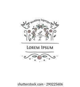 Wedding logo with arch and birds. The initials for the newlyweds