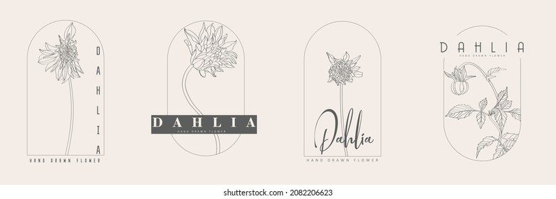 Wedding logo, Botanical rustic trendy Dahlia flowers illustration. Floral logo design. Badges, emblems, logotypes for organic cosmetics, florist, photography logos.