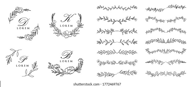 Wedding logo creator vector set. Hand Drawn Wreaths and Frames, floral and leaves, swirls, frames, wreaths and text divided for wedding invitation and greeting cards. 