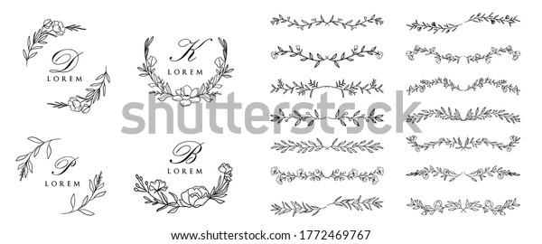 Wedding logo creator\
vector set. Hand Drawn Wreaths and Frames, floral and leaves,\
swirls, frames, wreaths and text divided for wedding invitation and\
greeting cards. 