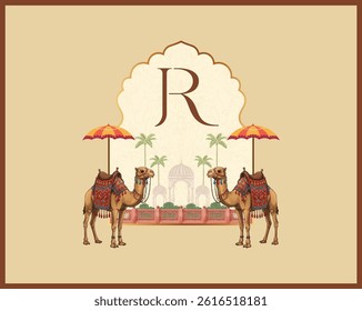 Wedding logo design with festive camel colorful umbrellas and palace.