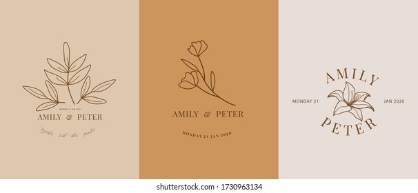 Wedding logo design vector. Floral line arts and monogram  design concept.  Design for wedding invitation, stationary, RSVP Card, Thank you card, fashion, beauty and jewellery industry and cosmetic.