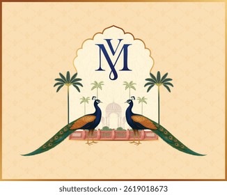 Wedding logo featuring peacocks, tradition, luxury, and a palace background