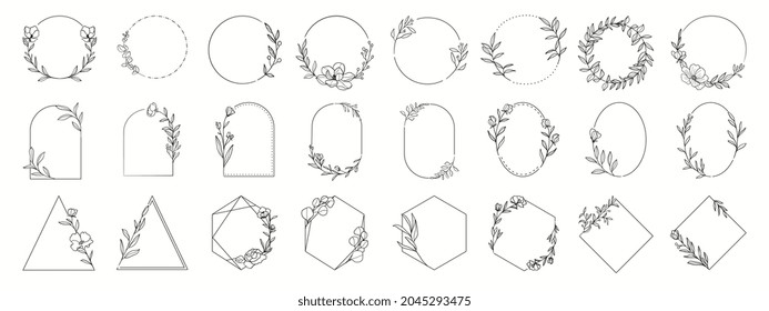 Logo de la boda. Los laureles enmarcan ramas con bordes de forma circular y geométrica vectorial. Coronas florales con hojas, flor, hierba, adorno. Elementos decorativos invitación a la boda, pancarta y embalaje