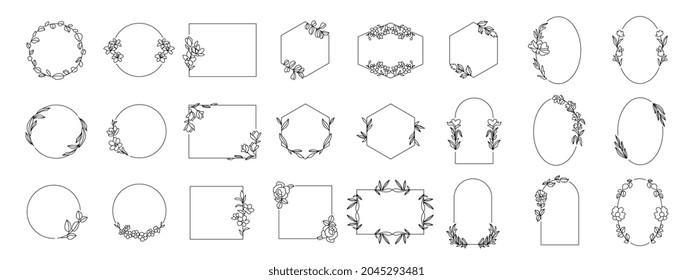 Wedding logo. Laurels frames branches with circle and geometric shape borders vector. Floral wreaths with leaves , flower, herb, ornate. Decorative elements wedding invitation, banner and packaging