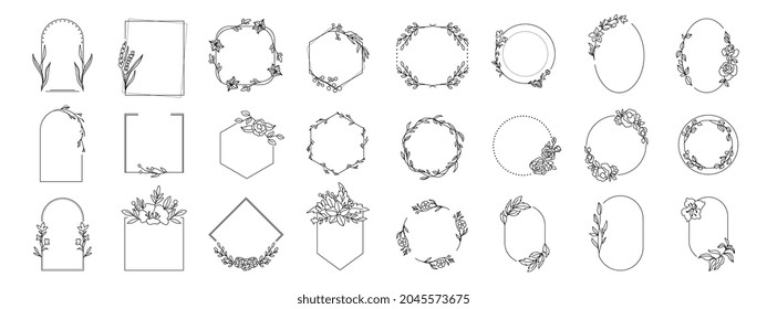 Logo de la boda. Los laureles enmarcan ramas con bordes de forma circular y geométrica vectorial. Coronas florales con hojas, flor, hierba, adorno. Elementos decorativos invitación a la boda, pancarta y embalaje