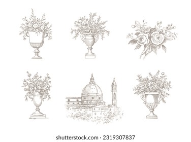 Wedding logo. Laurels frames branches, vase with flowers borders vector. Floral wreaths with leaves , flower, herb, ornate. Decorative elements wedding invitation, banner and packaging